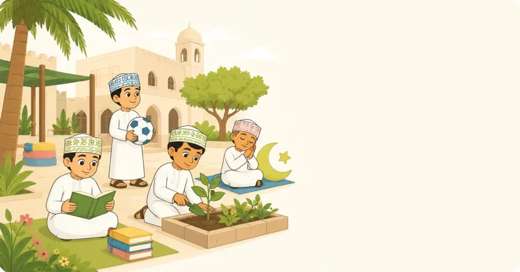 أطفال عُمانيون يتعلمون خمس قيم تربوية في فناء مدرسة